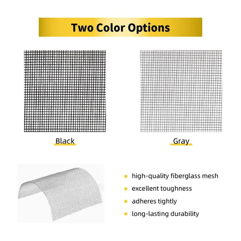 Screen Repair Tape With Heavy Duty Adhesive Fiberglass Mesh Patch For Windows And Doors Fast Durable Tear And Hole Fix Easy DIY Repair for Screens Ideal, showing black and gray mesh options with fiberglass material.