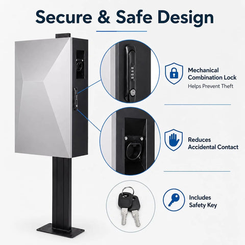 Heavy Duty EV Charger Lock Box With All Weather Rugged Cold Rolled Steel Guard For Safe Outdoor Wall Mount Storage featuring combo lock and safety keys.