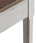 Detail of Built Different L Shaped Office Desk Set Crafted From Heavy Duty Wood with antique white finish and rustic brown surface.