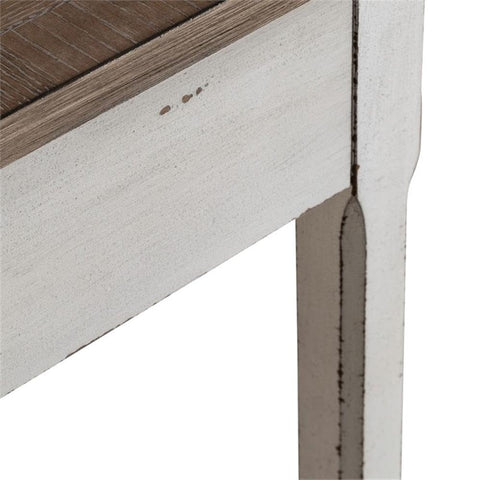 Detail of Built Different L Shaped Office Desk Set Crafted From Heavy Duty Wood with antique white finish and rustic brown surface.