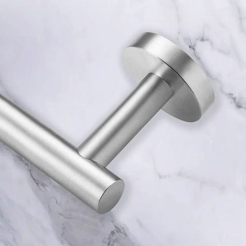 Close-up of Brushed Nickel 2 Piece Towel Bar Set For Bathroom, 24 Inch Double Towel Rack, stainless steel wall mount detail.