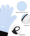 Top Shelf Heat Resistant Silicone Gloves For Sublimation Printing Non Slip Cotton Lined 2 Pack Blue displaying textured surface and hanging hole.