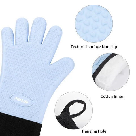 Top Shelf Heat Resistant Silicone Gloves For Sublimation Printing Non Slip Cotton Lined 2 Pack Blue displaying textured surface and hanging hole.