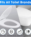 Elongated Toilet Seat Slow Close White Built To Last Heavy Duty With Non Slip Bumpers Easy To Install And Clean PP Material Replacement Fits All Toilet Brands Universal For Elongated Toilets, shown open next to a toilet.