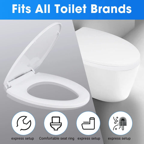 Elongated Toilet Seat Slow Close White Built To Last Heavy Duty With Non Slip Bumpers Easy To Install And Clean PP Material Replacement Fits All Toilet Brands Universal For Elongated Toilets, shown open next to a toilet.
