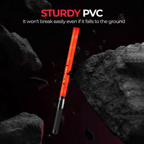 Two Pack 21 Inch LED Traffic Wands With Dual Flash Modes bright safety light baton against rocky background.