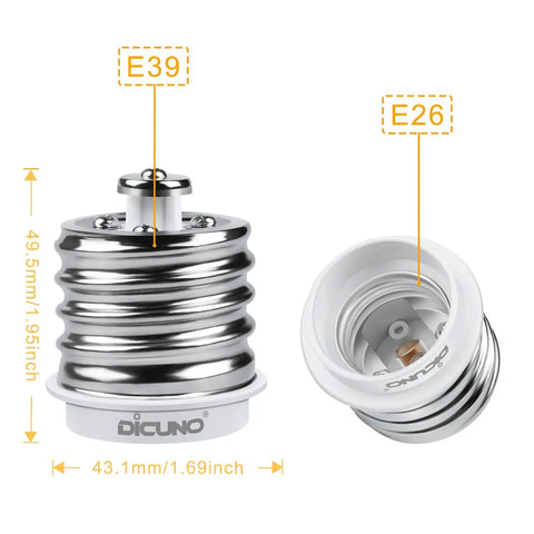 E39 To E26 Light Bulb Socket Adapter showing E39 mogul to E26 standard converter dimensions, 43.1mm width, 49.5mm height