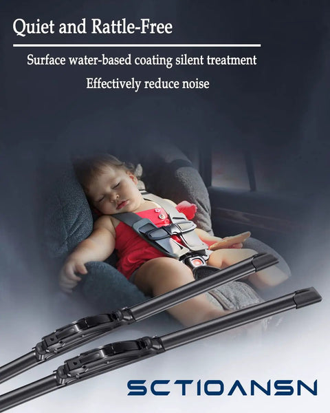 Badass Slick Streak Free Windshield Wiper Blades Front Rear Set For All Season Driving With Easy Peasy Install and Hella Tough Natural Rubber, shown with a child sleeping.