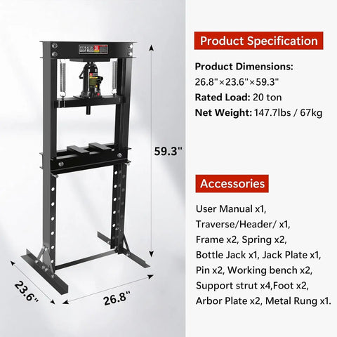 Heavy Duty 20 Ton H Frame Hydraulic Shop Press With Bearing Installation Kit And Adjustable Work Table For U Joint Repair Metal Bending Straightening Tough As Nails Shop Rig Black dimensions 26.8x23.6x59.3 inches.