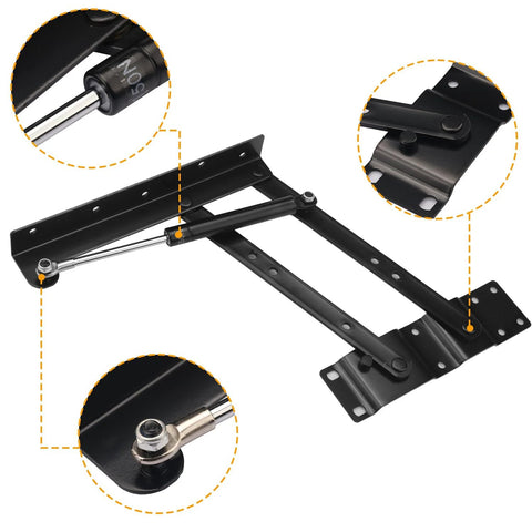 Two-pair folding lift-up hinges with gas springs for coffee tables; black metal, heavy-duty lifting hardware.