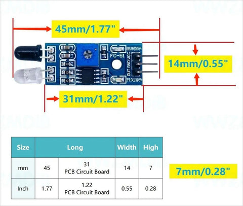 Dimensions of Six Pack IR Infrared Reflective Sensor Module Three Wire Photoelectric For Arduino Obstacle Avoidance Line Tracking