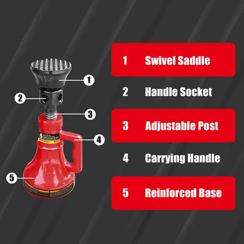 Diagram of Beefy 5 Ton Screw Jack For Vehicles And Home Projects, Heavy Duty Car Support Jack with labeled parts including reinforced base.
