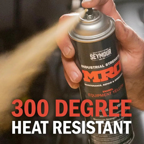 Person spraying high solids gray spray paint for MRO projects, industrial grade protective coating, 300 degree heat resistant.