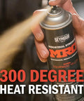 Person spraying industrial strength MRO paint can with 300 degree heat resistance