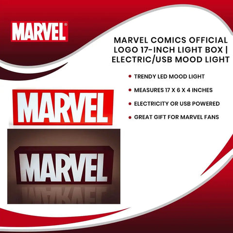 Epic 17-Inch Comics Logo Light Box USB Powered LED Mood Light with Marvel emblem, desk or wall decor.
