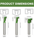 Beast Mode Six Piece Keyhole Router Bit Set With One Quarter Inch Shank And Tungsten Carbide Blades dimensions diagram showing cutter sizes.