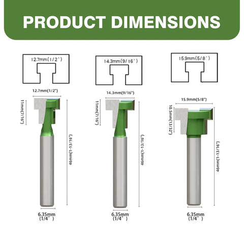 Beast Mode Six Piece Keyhole Router Bit Set With One Quarter Inch Shank And Tungsten Carbide Blades dimensions diagram showing cutter sizes.