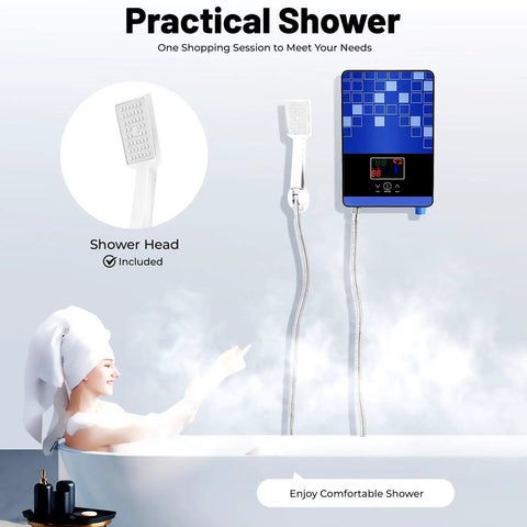 Tankless Instant Water Heater With 4500W Rapid Heating And Bright Led Screen shown with shower head in bathroom setting.