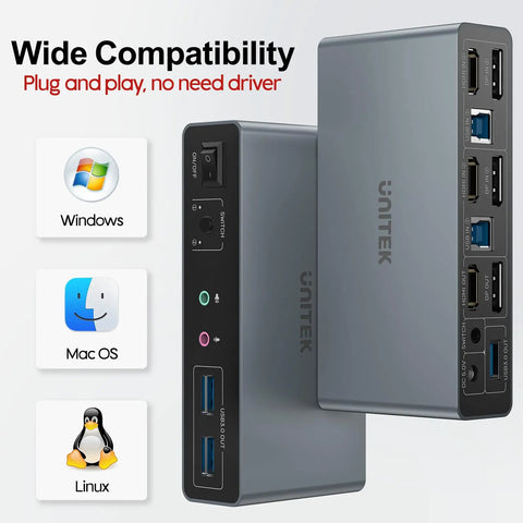 Dual Monitor KVM Switch For Two PCs With HDMI And DisplayPort, 2 In 2 Out USB 3.0 Hub For Keyboard, Mouse, Drives And Peripherals, Easy Toggle Between Computers, Seamless Dual-Display Productivity, plug and play