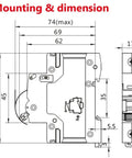 Tough As Nails 2 Pole Din Rail Mini Circuit Breaker dimensions and mounting details, 63A, 230V AC.