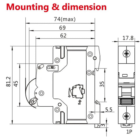 Tough As Nails 2 Pole Din Rail Mini Circuit Breaker dimensions and mounting details, 63A, 230V AC.