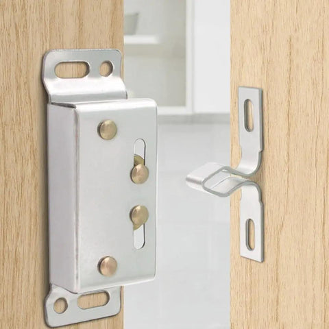 Double Roller Catch Stainless Steel Cabinet Door Latch for RV Boat Trailer Storage, silver finish shown on wood door