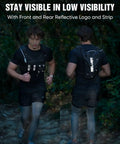 Runner wearing 2L Water Bladder Hydration Chest Pack For Running, Black Camo, reflective gear visible front and back.