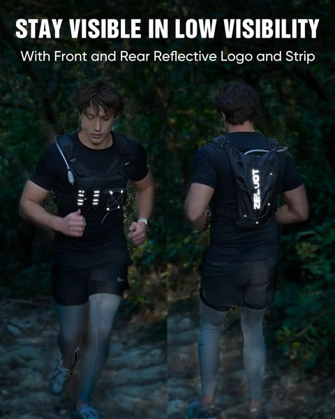 Runner wearing 2L Water Bladder Hydration Chest Pack For Running, Black Camo, reflective gear visible front and back.