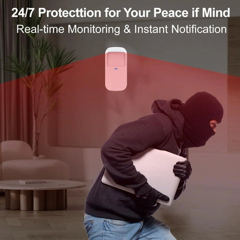 Heavy Duty All In One Wireless Home Security Alarm System 23 Piece Kit With Wifi Gsm Tracking Built Camera featuring a burglar in action.