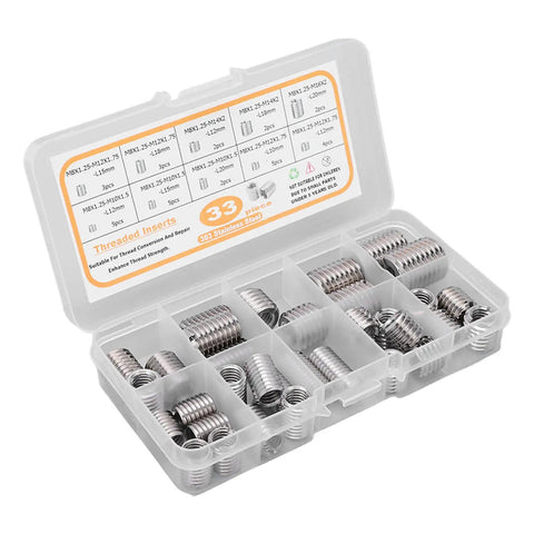 33 Piece M8x1.25 Stainless Steel Threaded Insert Kit For Wood Furniture Repair Self Tapping Sleeves Nut Reducers Restore Stripped Threads And Harden Drawer Pulls Hardware For Easy DIY Assembly in plastic case