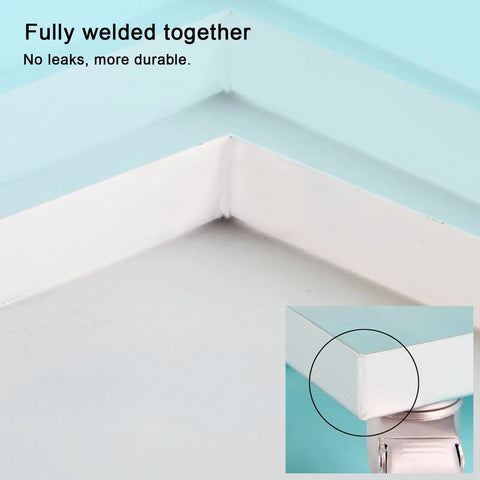 Corner detail of Heavy Duty Stainless Steel Drip Pan With Wheels showing fully welded joints for durability.
