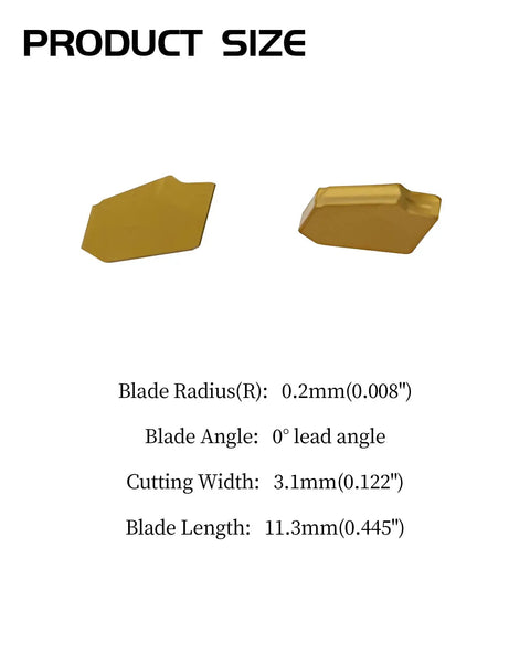 GTN-3 SP300 Grooving Carbide Inserts showing dimensions: 3.1mm width, 11.3mm length, 0.2mm radius for CNC Lathe