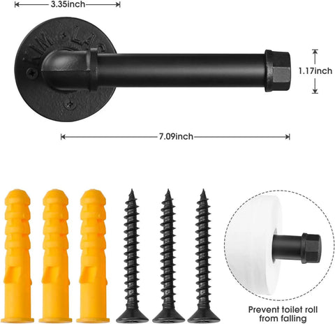 Industrial Pipe Toilet Paper Holder In Matte Black with screws and anchors, 7.09 inches long, DIY wall mount hardware