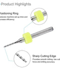 Pro Grade Tungsten Carbide PCB Drill Bits Set Of Ten With One Eighth Inch Shank and One Millimeter Cutting Edge, positioning ring