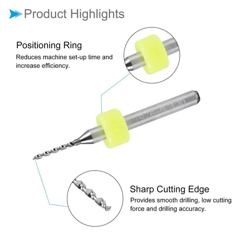 Pro Grade Tungsten Carbide PCB Drill Bits Set Of Ten With One Eighth Inch Shank and One Millimeter Cutting Edge, positioning ring