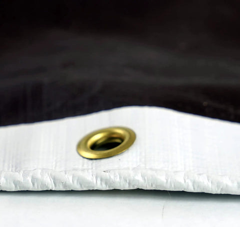 Close-up of 20 Foot By 20 Foot Beefy Tough As Nails Waterproof Tarp 16 Mil Thick White And Brown Reversible Cover with grommet detail