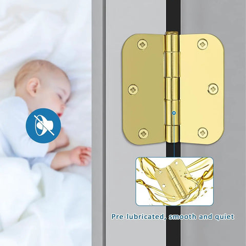 Heavy Duty 3.5 Inch Brass Door Hinges With Brushed Golden Finish And Set Of Three Solid Interior Exterior Hardware Pieces Delivering Buttery Smooth Swing Plus Knockout Style For Any Real Deal Home Upgrade Job Today on a door with a sleeping baby.