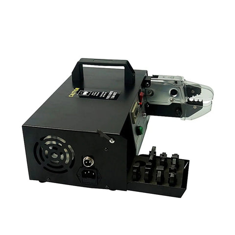 Heavy Duty Electrical Terminal Crimping Machine With Seven Quick Change Dies and Slick Wire Pliers for Pre Insulated and Bare Terminals Up To Sixteen Square Millimeters, side view.