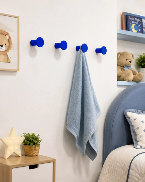 Top Shelf Four Pack Slick Black Round Wall Hooks For Hanging Towels Coats And Hats Modern Minimalist Entryway Decor Rock Solid Home Organization Upgrade with blue towel