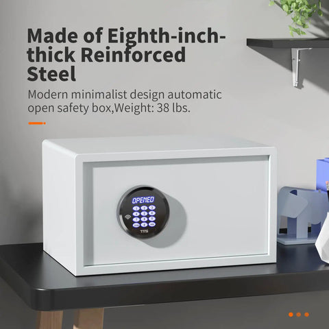 Heavy Duty Solid Steel Electronic Safe Box With RFID Access For Home, white, positioned on a table, digital display showing 'OPENED'
