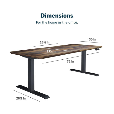Dimensions of Premium Electric Height Adjustable Standing Desk 72 X 30 Inches with reclaimed wood desktop and steel base.