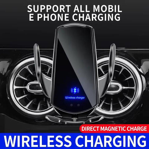 Hella Fast Auto Clamp Wireless Car Phone Charger With Instant Sensor Grip mounted on car vent with illuminated charging indicator.