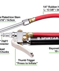 Heavy Duty Tire Pressure Gauge With Inflator And Air Chuck 4 Way Tool Valve Cores And Air Compressor Attachments visible with labels