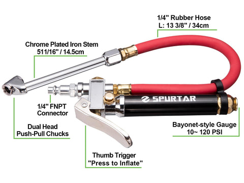 Heavy Duty Tire Pressure Gauge With Inflator And Air Chuck 4 Way Tool Valve Cores And Air Compressor Attachments visible with labels