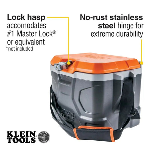 Heavy Duty Work Cooler And Lunch Box That Keeps Cold Up To 30 Hours, 17 Quart Capacity For 18 Cans, Holds 300 Pounds And Doubles As A Sturdy Seat, Rugged Tradesman Pro Tough Box With Full Size Lid, featuring lock hasp and no-rust hinge.