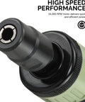 Close-up of Workhorse 1/4 Inch Air Die Grinder Pushing 24000 Rpm Free Speed, showing the tool's nozzle and streamlined design.
