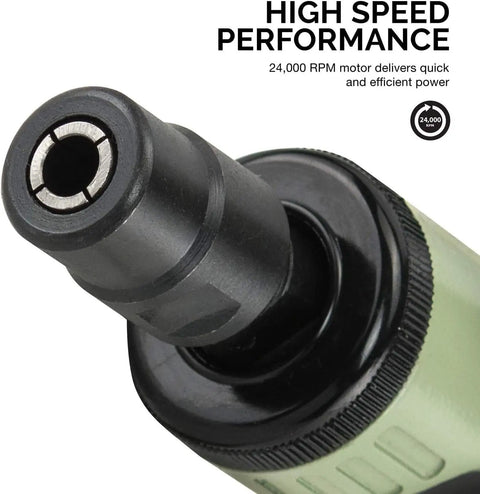 Close-up of Workhorse 1/4 Inch Air Die Grinder Pushing 24000 Rpm Free Speed, showing the tool's nozzle and streamlined design.