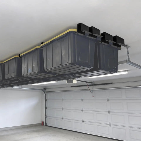 Heavy Duty Overhead Garage Storage Racks 10 Pack Adjustable Ceiling Bin System Tough As Nails Metal Ceiling Rails For Garage Shed Storeroom Organization Rust Resistant Black Powder Coated Steel installed in garage with bins.