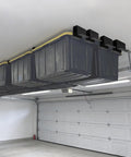 Overhead Garage Storage Rack Set, Heavy Duty Adjustable Ceiling Bin Storage Rail System With Connectable Metal Tote Slide Rails For Garage Organization, Hanging Shelves, Space Saving Sixteen Piece, Black installed in a garage with bins.