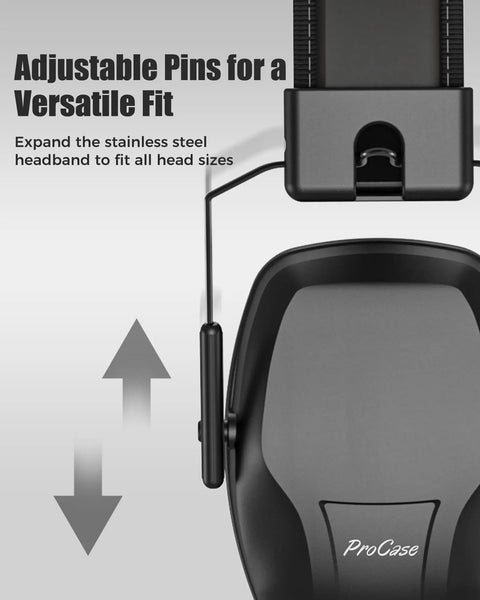 Close-up of black ear muff with adjustable pins, featuring High Quality Hearing Protection Ear Muffs SNR 29 dB Noise Canceling for Adults.